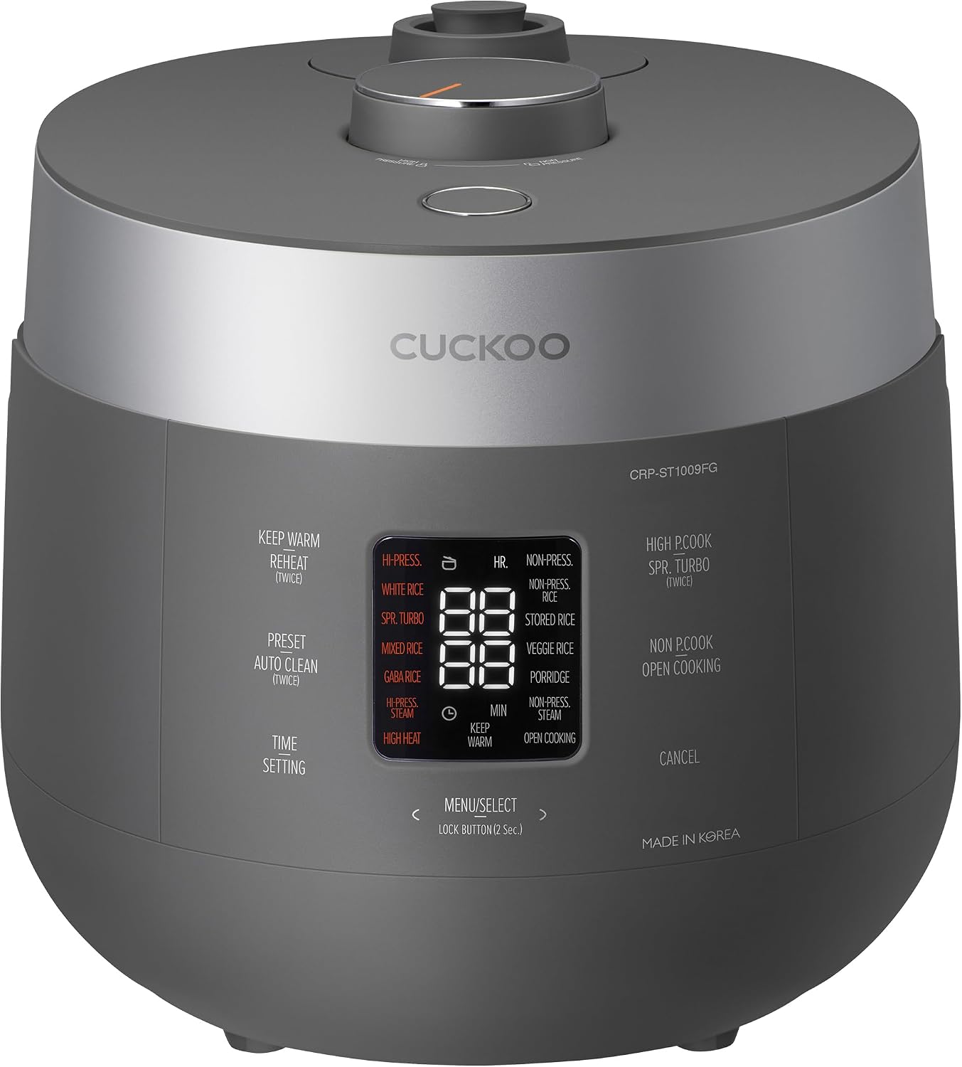CUCKOO Twin Pressure Rice Cooker, 20-Cup Cooked, Gray, CRP-ST1009FG | Large 10-Cup Uncooked Capacity, Nonstick Inner Pot, 15 Menus, 15-21 Minute Super Turbo Rice, Auto Clean, Made in Korea