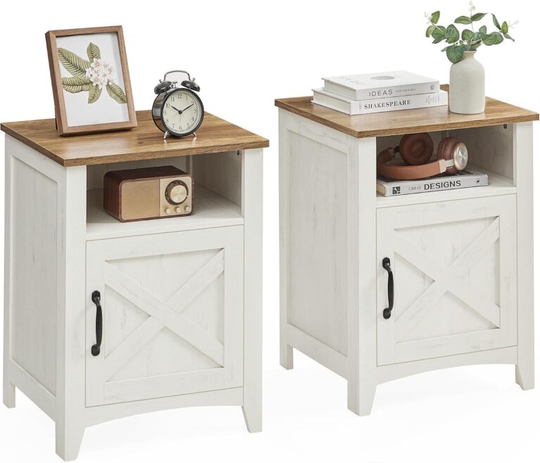 VASAGLE Nightstand Farmhouse Barn Door Bedside Table with Storage | Side End Table, Night Stand, Open Compartment, for Bedroom, Set of 2, Rustic White and Honey Brown, LIRY Collection