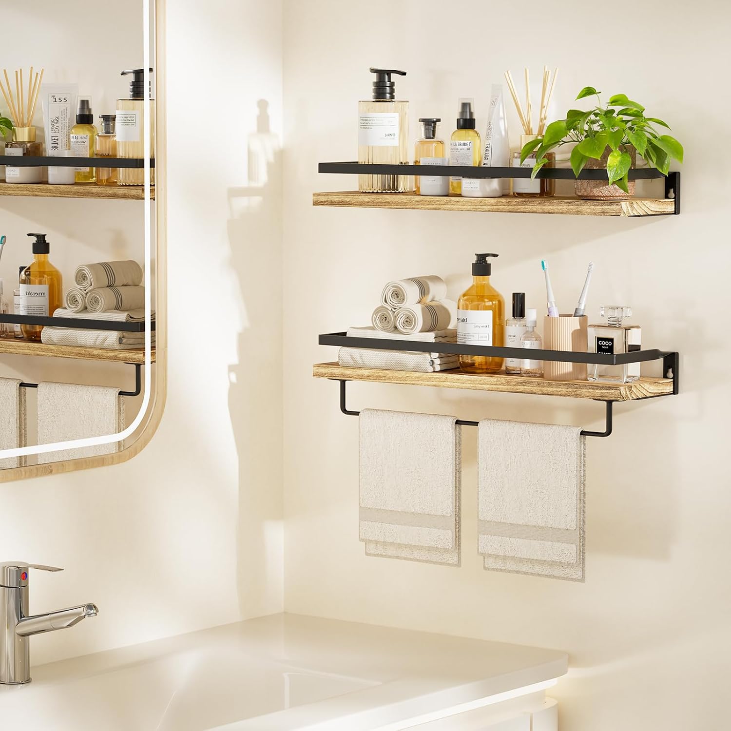 AMADA HOMEFURNISHING Bathroom Shelves with Towel Bar, Floating Shelves, Wall Shelves for Bathroom/Living Room/Kitchen/Bedroom, Light Brown, Set of 2 - AMFS01 - Image 2