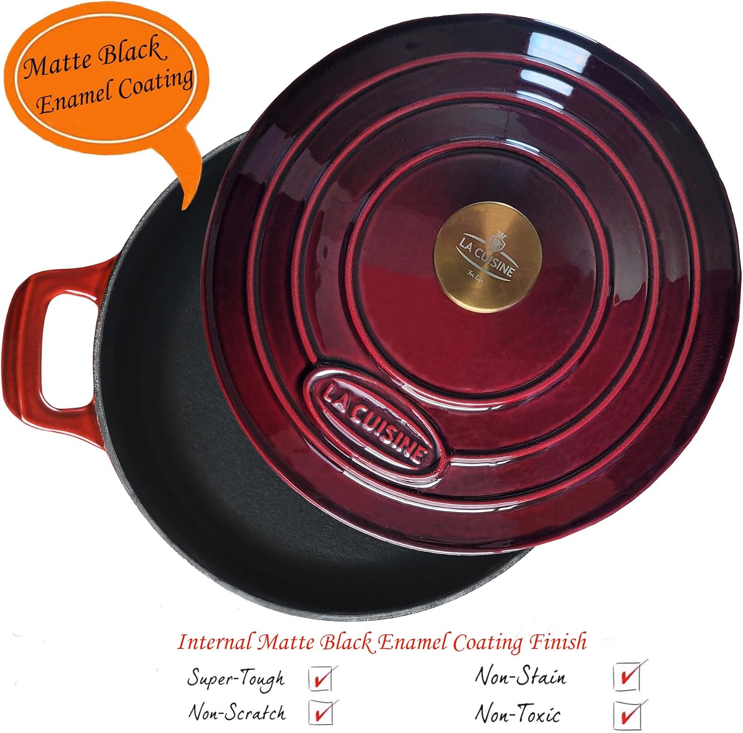 La Cuisine Enameled Cast Iron Braiser Sauté Pan Shallow Dutch Oven with Golden Knob for Lid Internal Matt Black Enamel 3.75 QT 11" / 28cm Ø Oven-Safe 550°F/276°C, Cranberry - Image 2