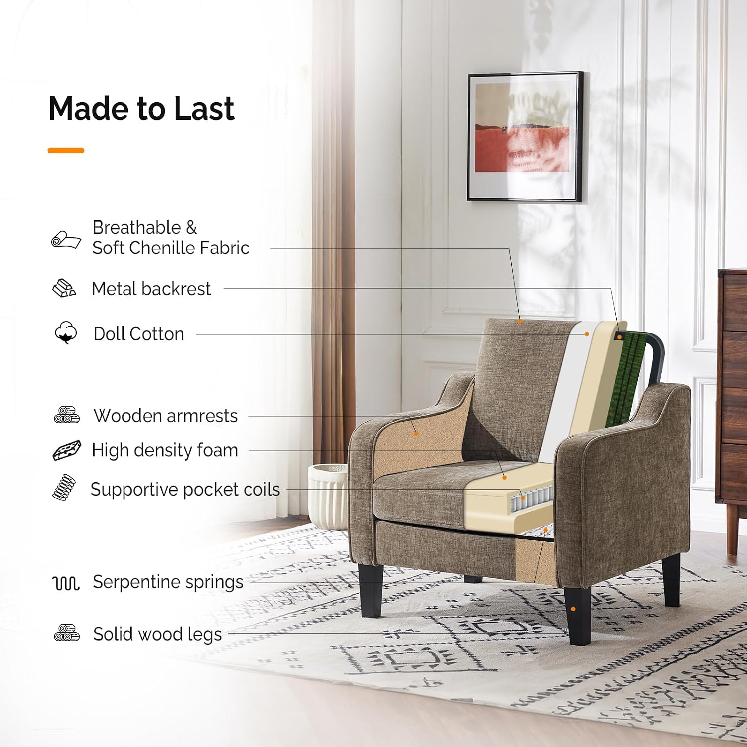 VINGLI Accent Chair for Living Room Chairs Light Brown Reading Chair for Bedroom Scooped Arm Chair Mid Century Modern Accent Chairs Upholstered Comfy Chair for Apartment, Waiting Room - Image 6