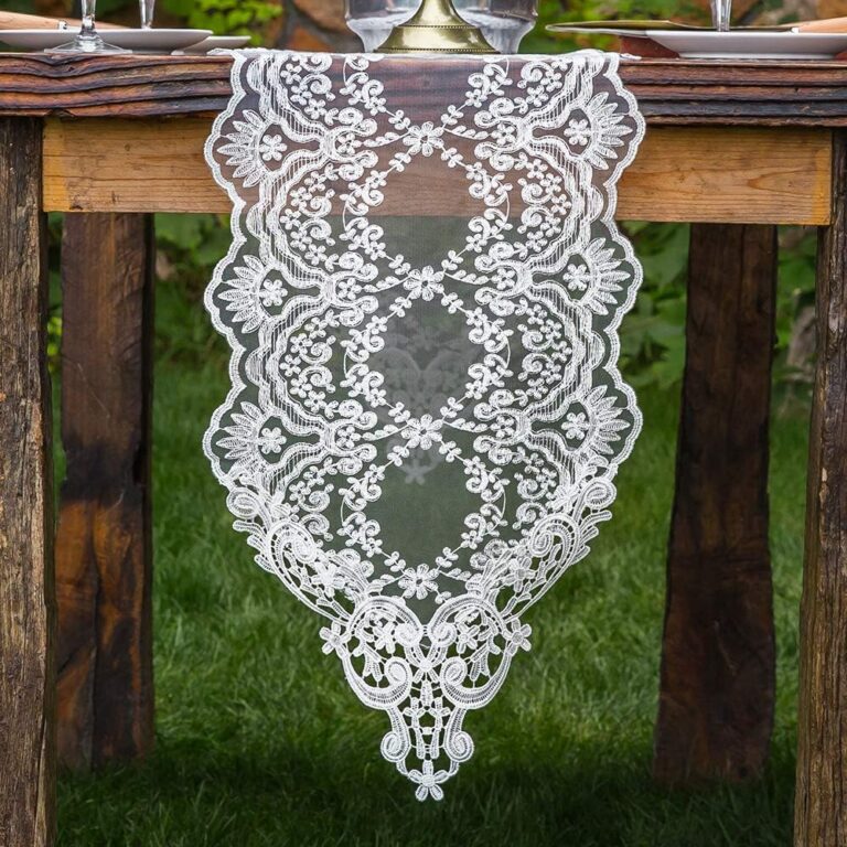 ARTABLE French White Lace Table Runner Macrame Embroidered 12 x 48 Inch | Embroidered lace table runner with macrame detailing adds vintage charm to dining tables weddings and holiday decor