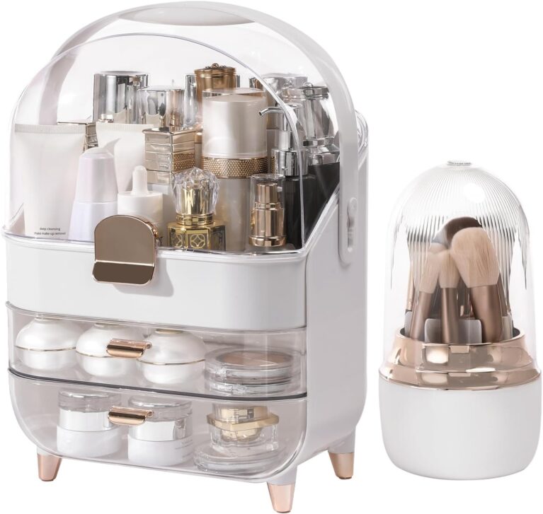 Makeup Organizer for Vanity with Brush Holder, Lid and 2 Drawers, Rose Gold | Large Capacity Bathroom Counter Organizer for Skincare, Cosmetic Storage, Dustproof, Waterproof, Teen Girl Gifts