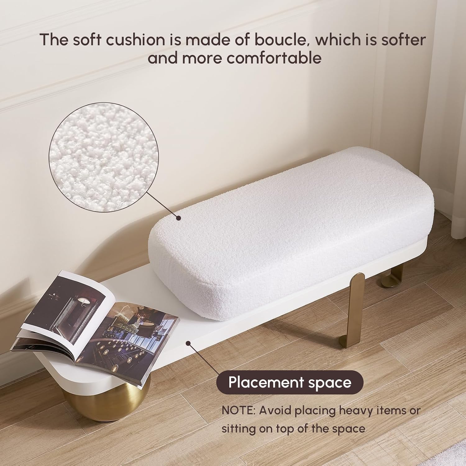 homary 47.2" Modern Entryway Bench, Wooden Boucle Upholstered Bench with Abstract Metal Legs, Lambswool Cushioned Seating for Entryway, Bedroom or Living Room - Image 4