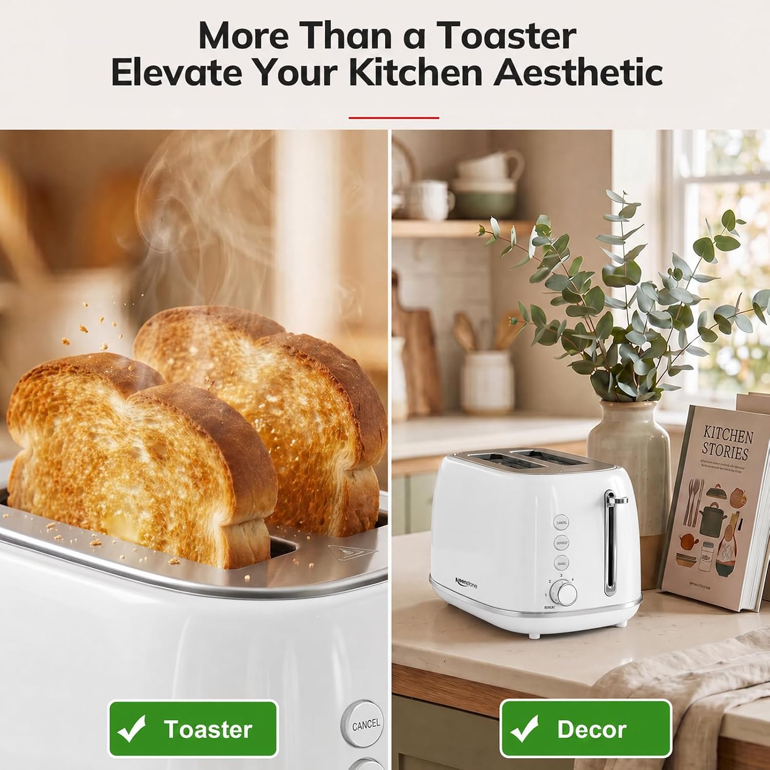 Keenstone 2 Slice Toaster, Retro Stainless Steel Kitchen Essentials, White | Retro Kitchen Decor, 18/8 Food-Grade Steel, 1.5” Slots & 6 Browning Levels, Bagel/ Defrost/ Reheat, Removable Crumb Tray - Image 2