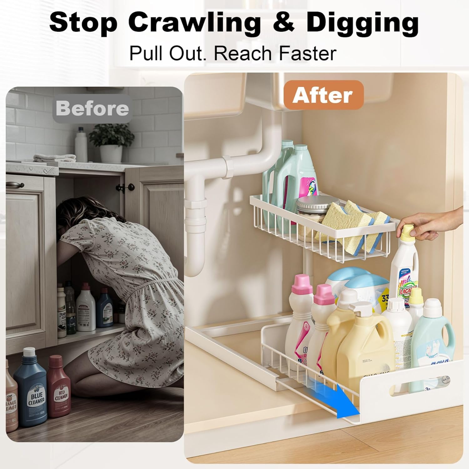 Under Sink Organizer, L-Shaped 2 Tier Pull Out Cabinet Organizer | Slide Out Under Cabinet Storage, For Kitchen and Bathroom, Metal Under Sink Storage with Sliding Drawer, 50 lbs, White 2 Pack - Image 4