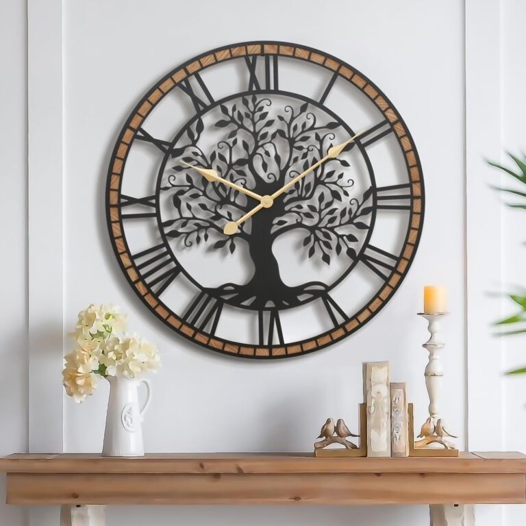 Micasso Large Wall Clock Decorative: 24 Inch Tree of Life Battery Operated | Modern Farmhouse Metal Wood Frame - Roman Numeral Clocks for Living Room/Home Office/Bedroom - Ideal for Home Renovations