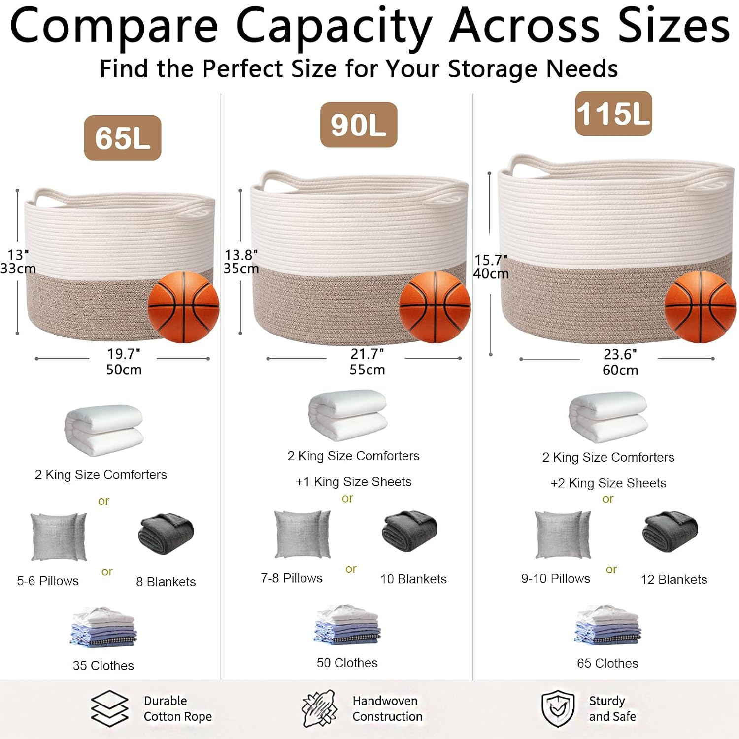 Large Woven Blanket Basket,65L Cotton Rope Laundry Basket | Collapsible Nursery Storage Bin with Sturdy Handles for Clothes, Toys, Pillows, Living Room Bedroom Bathroom - White & Brown - Image 2