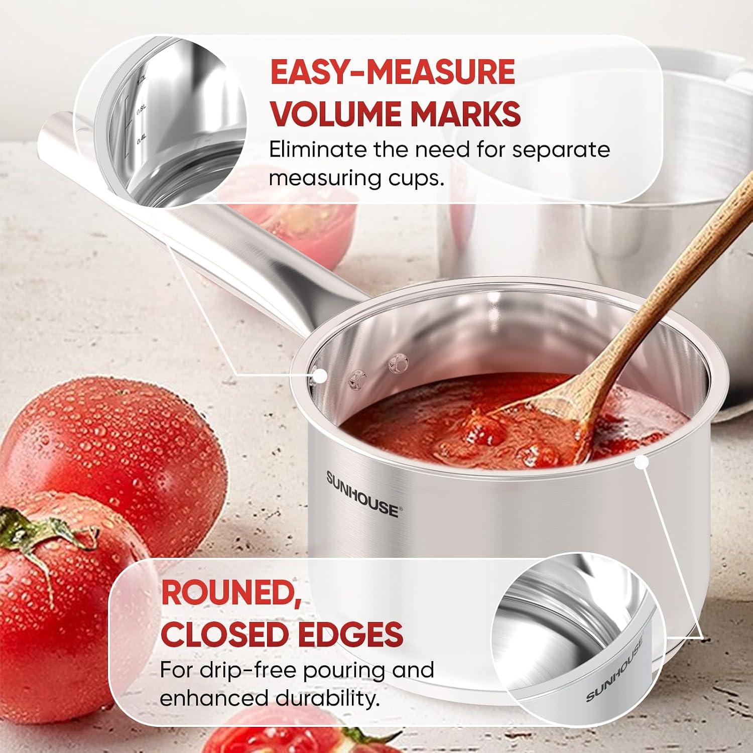 SUNHOUSE 1.5 QT Stainless Steel Sauce Pan with Lid, Small Pot for Cooking | PFOA-Free Uncoated Milk Pan & Butter Warmer, Mini Saucepan with Impact Bonding Base for Induction, Gas, Electric - Image 6