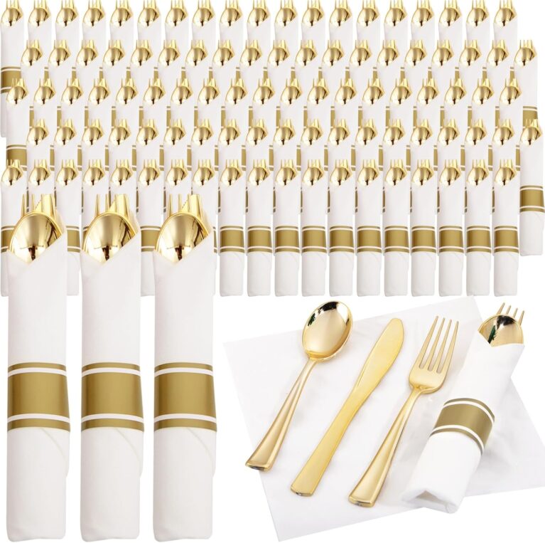 120 Pack Gold Plastic Silverware Wrapped Cutlery Set with Napkin | Heavy Duty Pre Rolled Disposable Gold Utensils Wrapped Flatware Cutlery Set for Wedding, Party & Catering