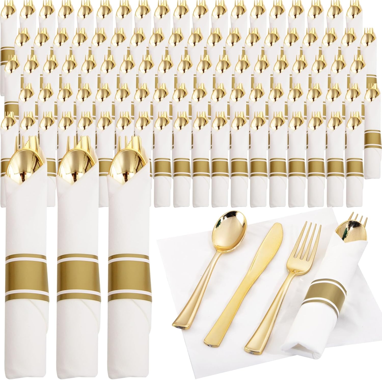 120 Pack Gold Plastic Silverware Wrapped Cutlery Set with Napkin | Heavy Duty Pre Rolled Disposable Gold Utensils Wrapped Flatware Cutlery Set for Wedding, Party & Catering
