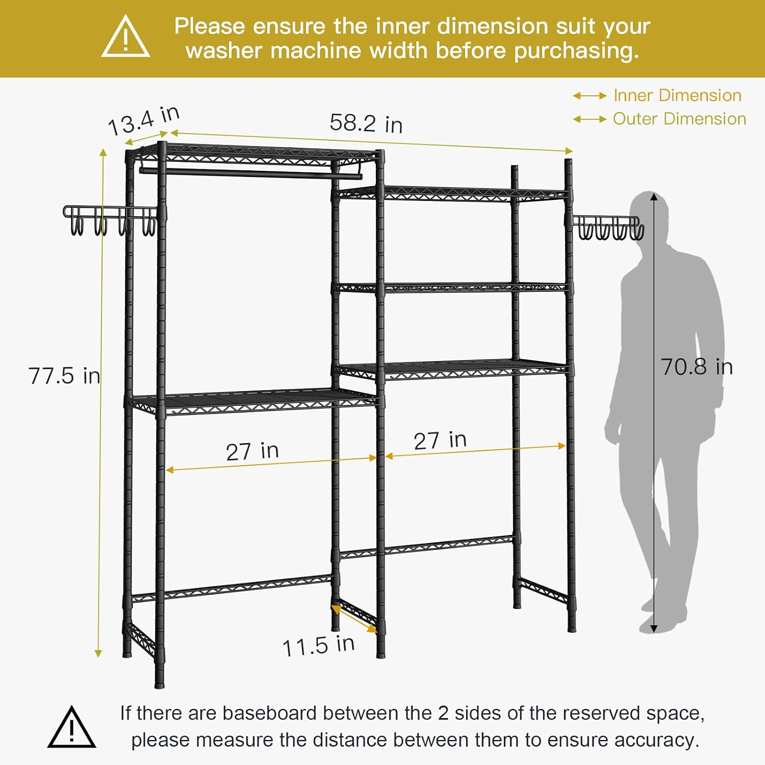 U5 Over the Washer and Dryer Storage Shelf, Laundry Room Space Saver Bathroom Storage and Organizer Rack for Hanging Towels and Drying Clothes with 5 Wire Shelves, 58.2"W x 13.4"D x 77.5"H, Black | Bathroom Storage and Organizer Rack for Hanging Towel and Drying Clothes with 5 Wire Shelves, 58.2"W x 13.4"D x 77.5"H, Black - Image 3