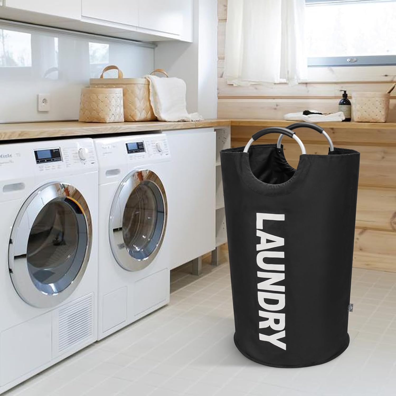 DOKEHOM 90L Large Laundry Basket Bag, Collapsible Tall Hamper, Black | Freestanding tall washing bin & foldable laundry bag. High-capacity clothes storage basket with durable sturdy handles - Image 7