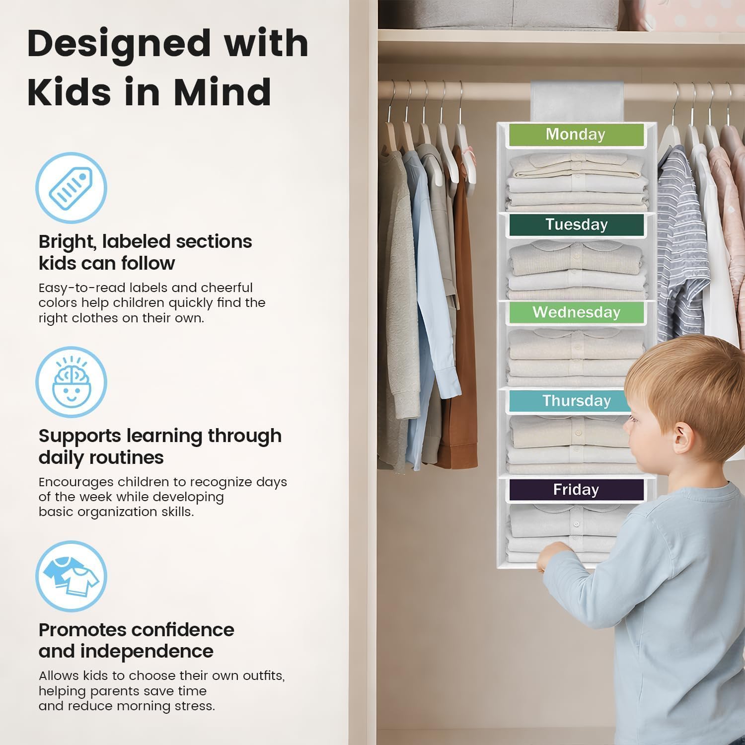 Weekly Clothes Organizer for Kids, 5-Shelf Kid Hanging Closet Organizer w/ 6 Side Pockets, Labeled Weekly Outfit Organizer for Kids, Days of The Week Clothes Organizer Monday Through Friday White - Image 3