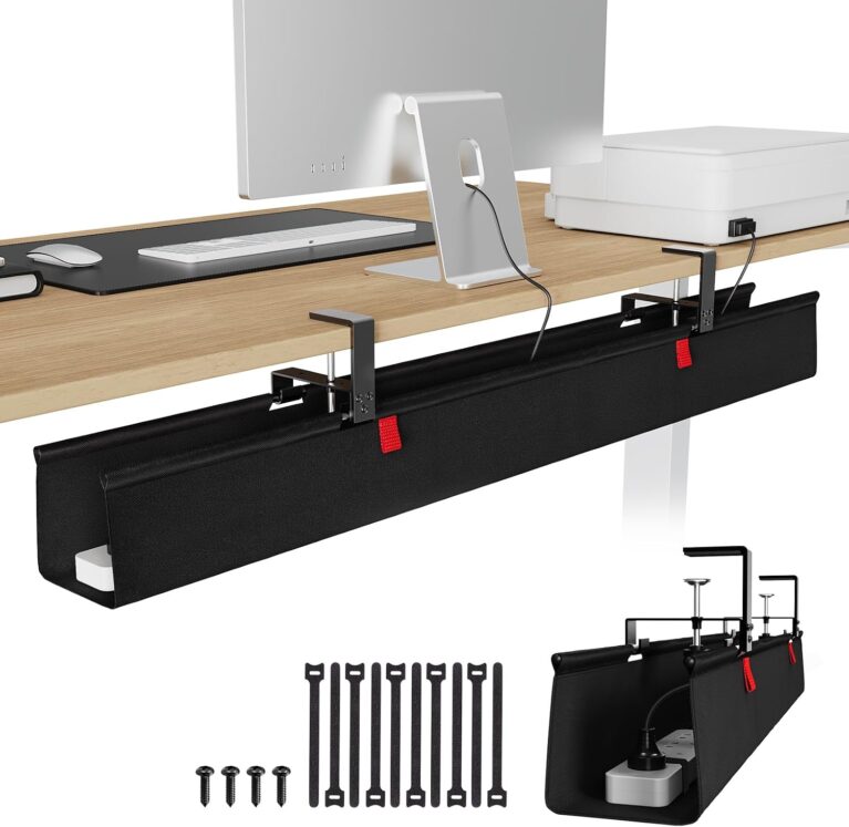 KEEGH Extra Large No Drill Under Desk Cable Management Tray 48 in, Black | Clamp/Screw Mount, Supports Up to 70lbs, Fabric Wire Management, Cord Hiders, Cord Management for Office/Home