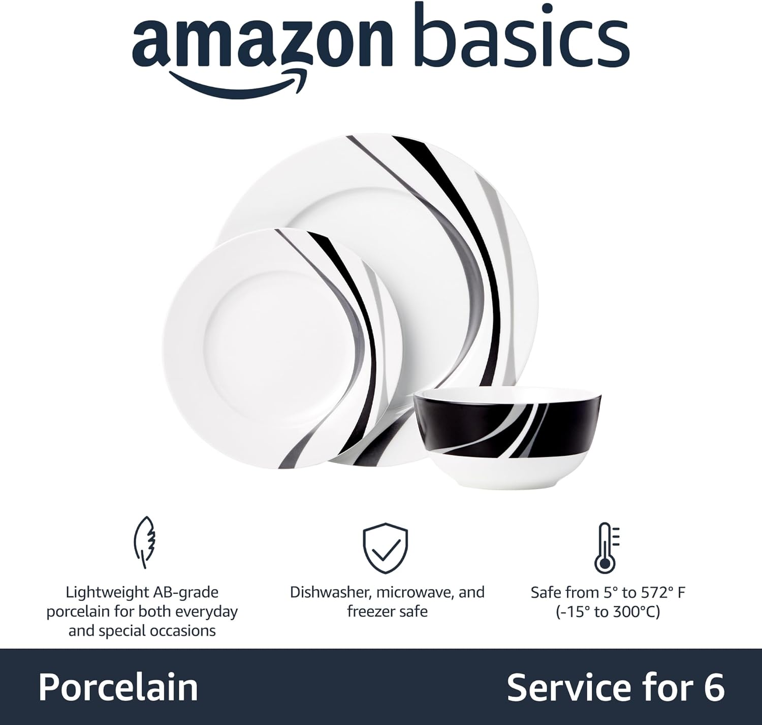 Amazon Basics 18-Piece Complete Kitchen Dinnerware Set, Microwave and Dishwasher Safe, Plates, Dishes, Bowls, Swirl, Heat Resistant, Service for 6, Everyday Use - Image 2