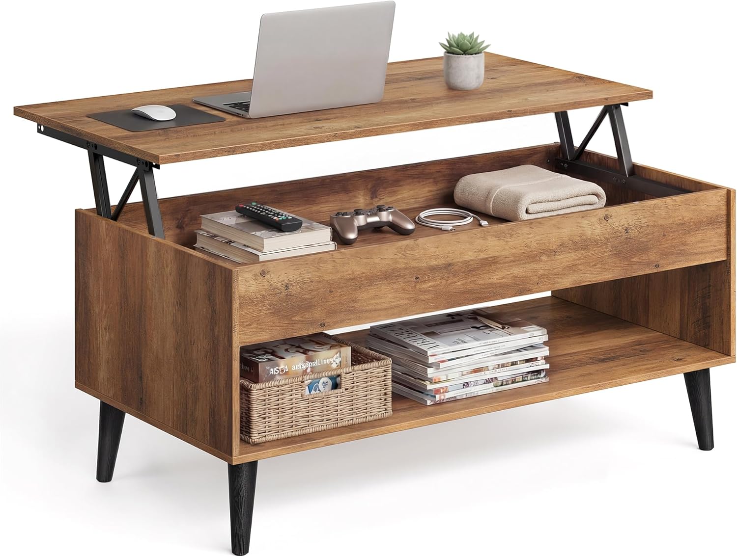 VASAGLE Lift Top Coffee Table, Lift Tabletop Dining Table, Gas Spring, Hidden Compartment, Open Storage Shelf, for Living Room, Home Office, Honey Brown ULCT268KB01S