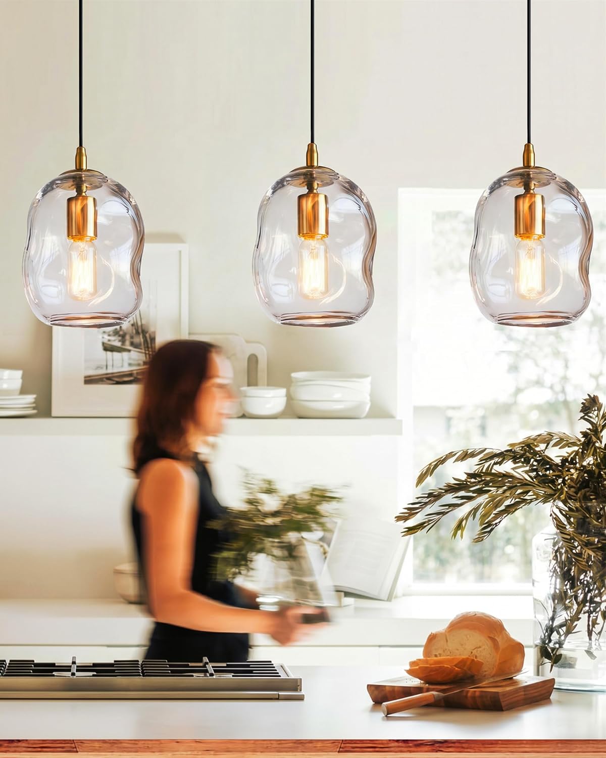 Glass Pendant Light, Brass Gold,Organic Globe 8 Inch H | Modern Minimalist Art Glass Clear Ceiling Hanging Fixtures Kitchen Island Sink Bar Counter Small Lamp - Image 3
