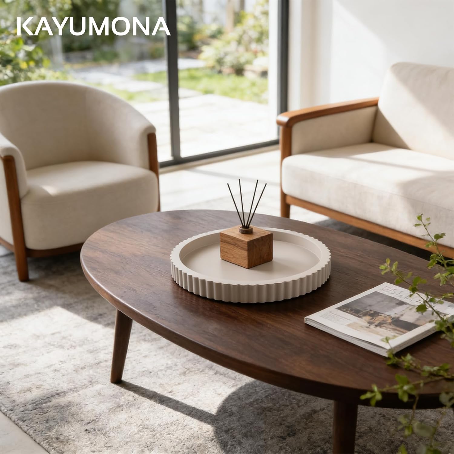 Modern Decorative Tray for Coffee Table, 11" Wooden Gray Beige Round Small Decor Tray for Candle, Perfume, Vanity, Kitchen Island Counter & Table Centerpiece - Image 6