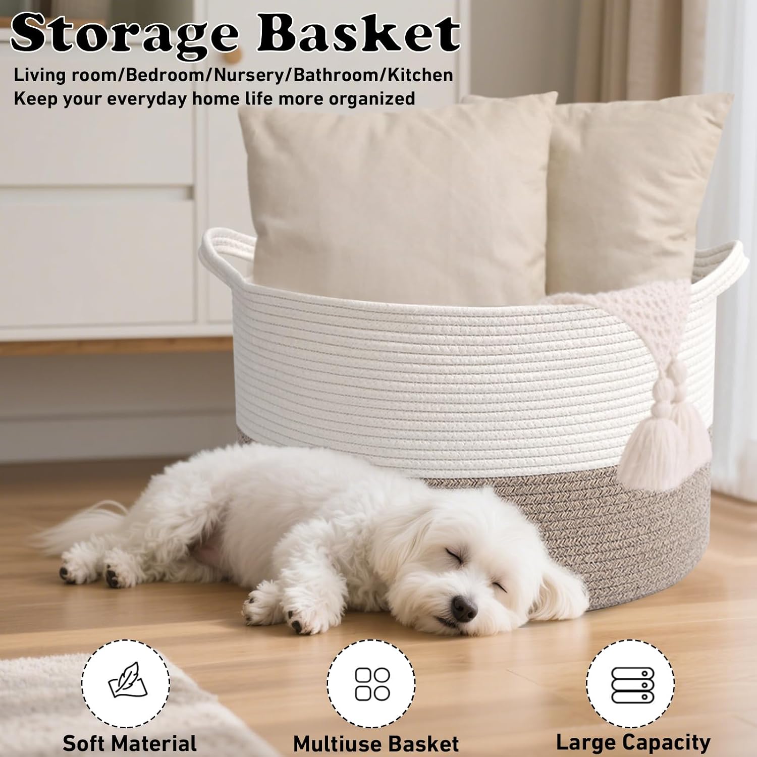 Large Woven Blanket Basket,65L Cotton Rope Laundry Basket | Collapsible Nursery Storage Bin with Sturdy Handles for Clothes, Toys, Pillows, Living Room Bedroom Bathroom - White & Brown - Image 7
