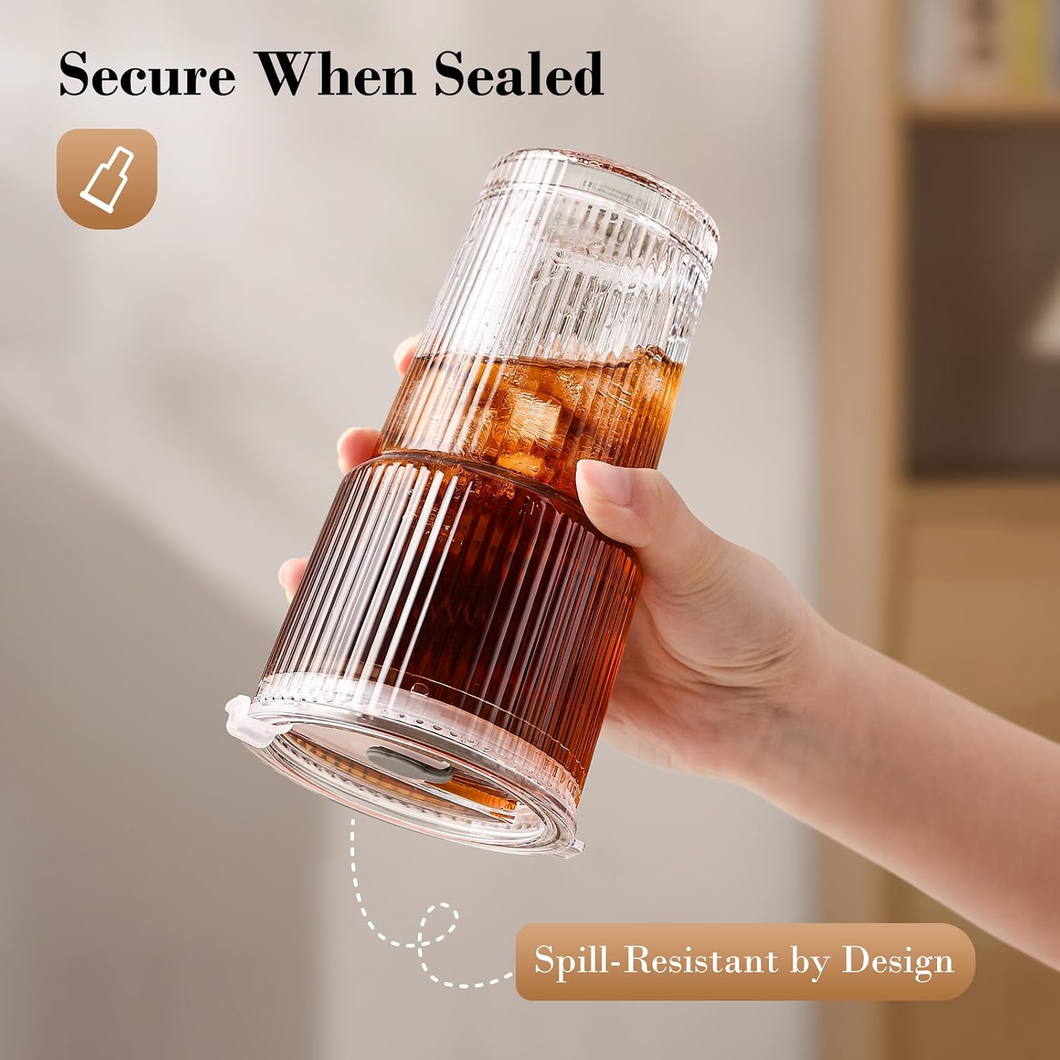 20oz Iced Coffee Cups with Lids, Ribbed Glass Cups with Lids and Straws | Thick Reusable Glass, Leak-Resistant Lids, Fits Most Car Cup Holders, For Iced Coffee, Tea, Smoothies and Cold Drinks - Image 2