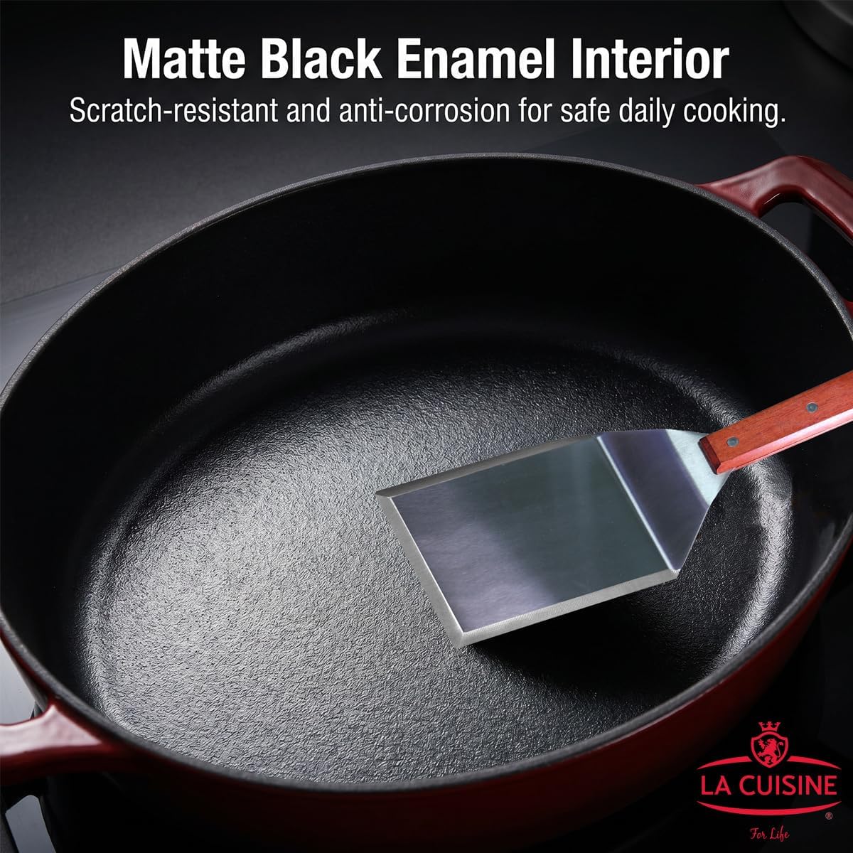 La Cuisine Enameled Cast Iron Braiser Sauté Pan Shallow Dutch Oven with Golden Knob for Lid Internal Matt Black Enamel 3.75 QT 11" / 28cm Ø Oven-Safe 550°F/276°C, Cranberry - Image 8
