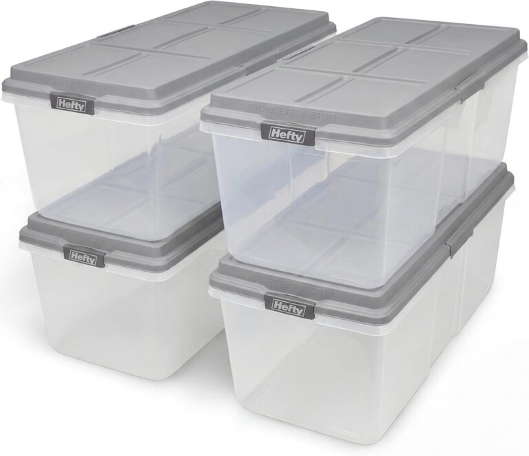 Hefty 113 Qt Hi-Rise Storage Bin with Lid, Stackable Plastic Storage Container, Organizer for Home, Garage & Closet, 4 Pack, Gray