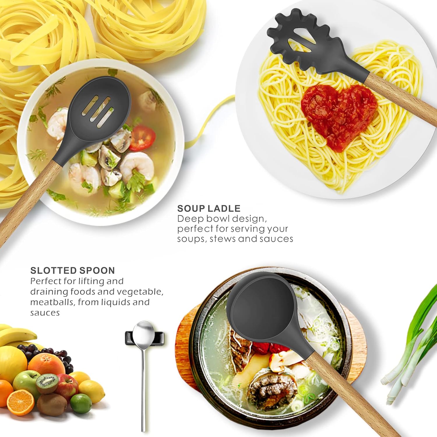oannao Silicone Cooking Utensils Kitchen Utensil Set - 446°F Heat Resistant Silicone Kitchen Utensils Set, Spatula,Turner Tongs, Spoon, Whisk,Kitchen Gadgets for Nonstick Cookware, BPA Free (Gray) - Image 2