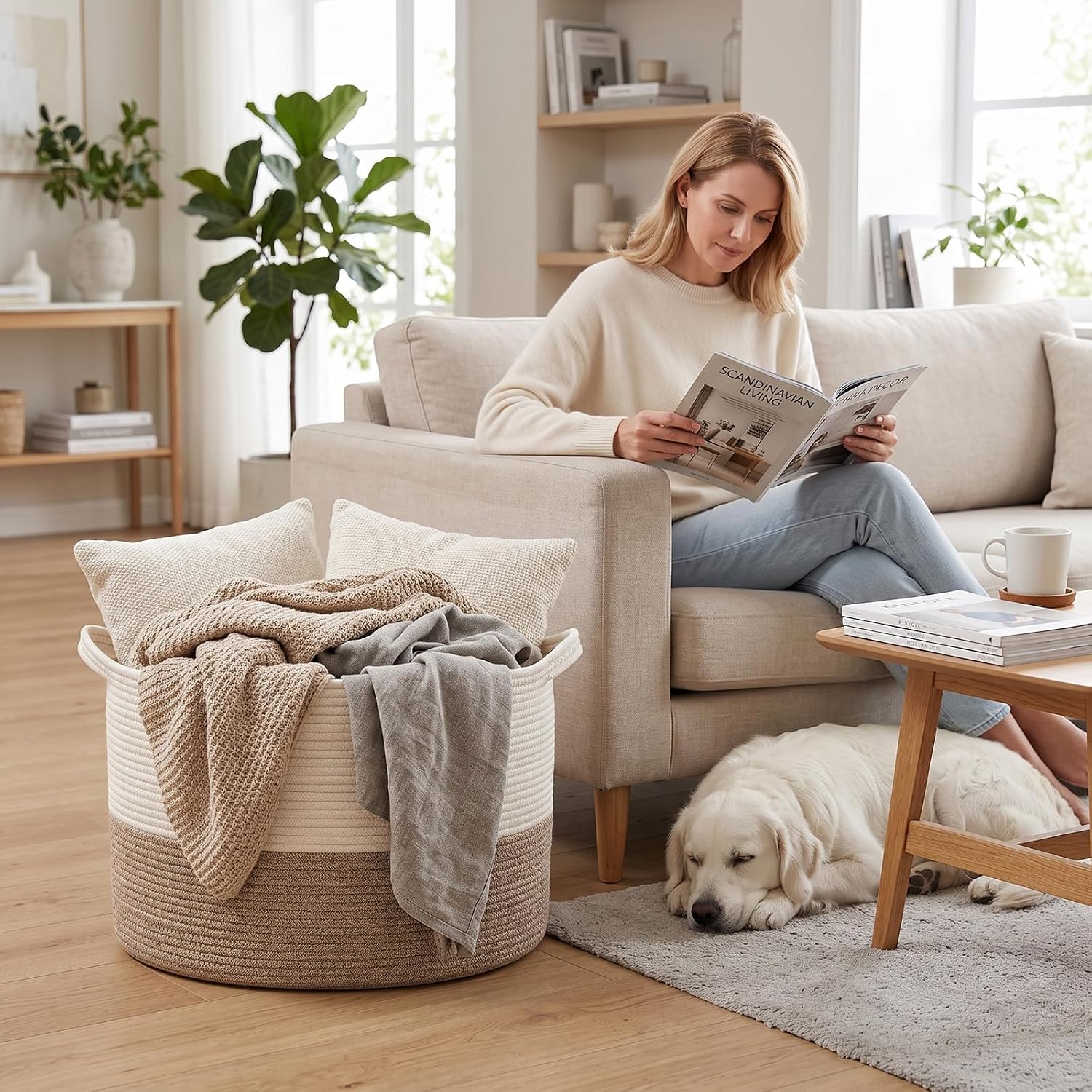 Large Woven Blanket Basket,65L Cotton Rope Laundry Basket | Collapsible Nursery Storage Bin with Sturdy Handles for Clothes, Toys, Pillows, Living Room Bedroom Bathroom - White & Brown - Image 4