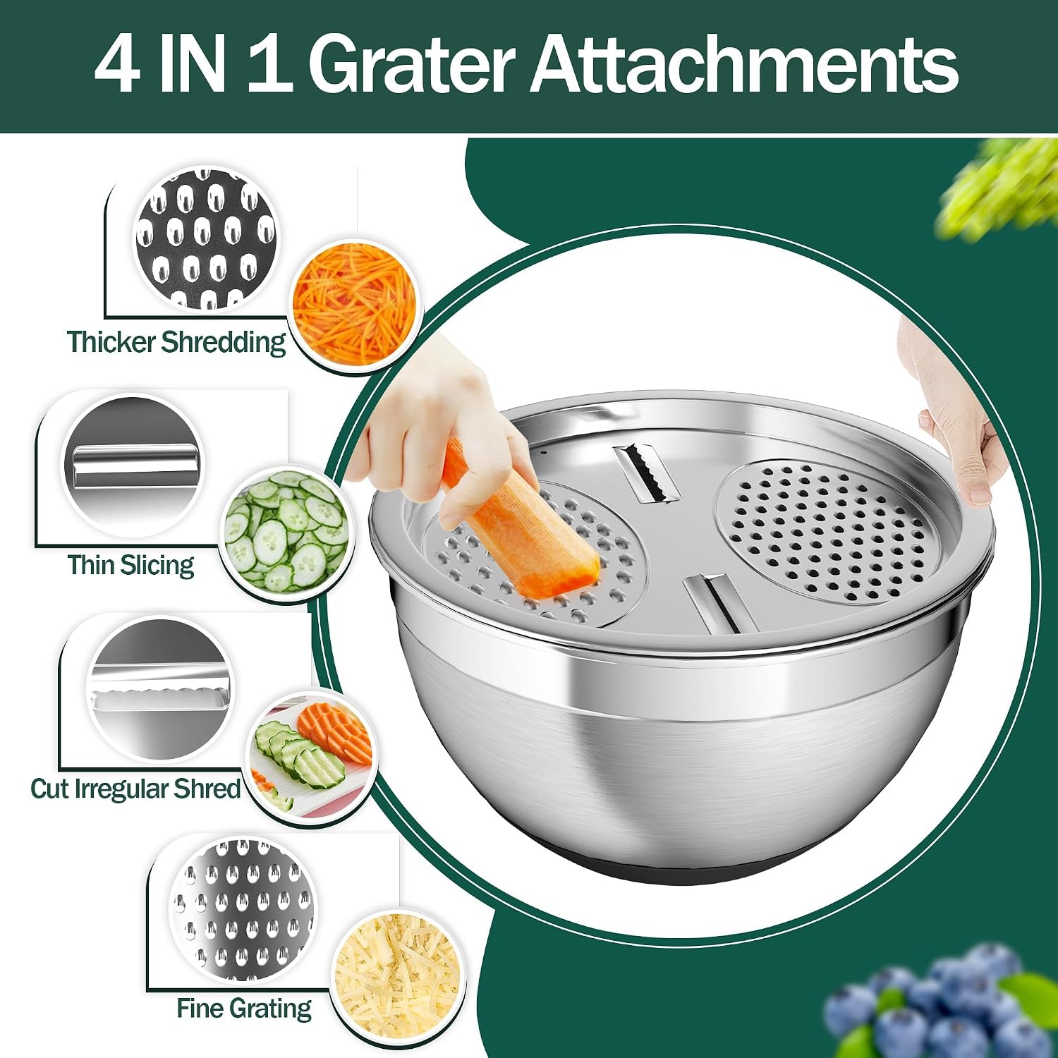 Mixing Bowls with Airtight Lids, Stainless Steel Mixing Bowl Set with 3 Nesting Kitchen Metal Bowls, Colander & Grater, Non-Slip Bottoms, Size 1.5, 2.5, 5 QT, Great for Mixing & Serving, Black - Image 5