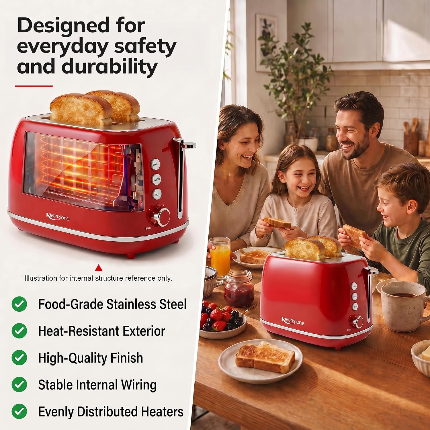 2 Slice Stainless Steel Toaster Retro with 6 Bread Shade Settings, Bagel, Cancel, Defrost Function, Extra Wide Slot, Removable Crumb Tray, Red - Image 3