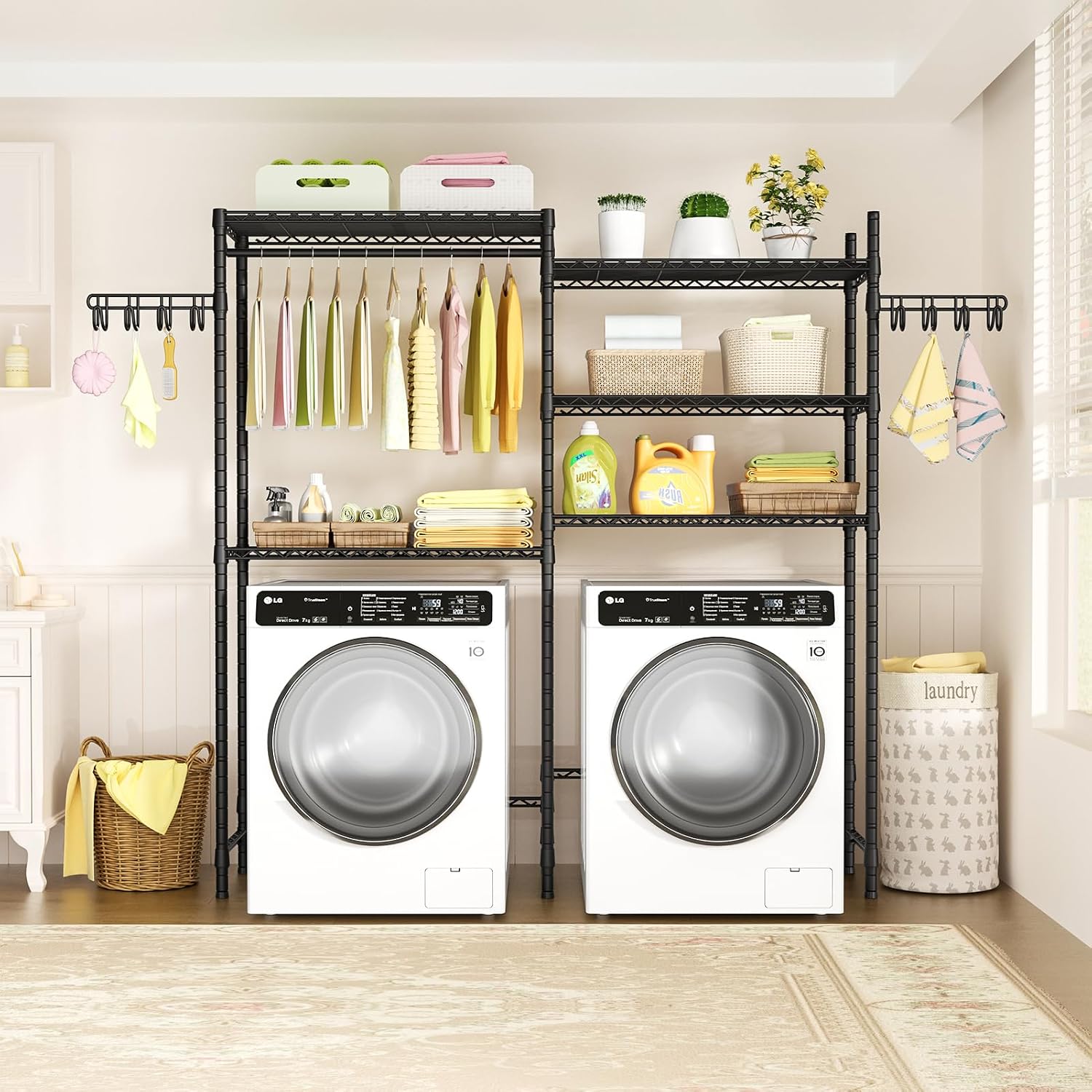 U5 Over the Washer and Dryer Storage Shelf, Laundry Room Space Saver Bathroom Storage and Organizer Rack for Hanging Towels and Drying Clothes with 5 Wire Shelves, 58.2"W x 13.4"D x 77.5"H, Black | Bathroom Storage and Organizer Rack for Hanging Towel and Drying Clothes with 5 Wire Shelves, 58.2"W x 13.4"D x 77.5"H, Black - Image 2