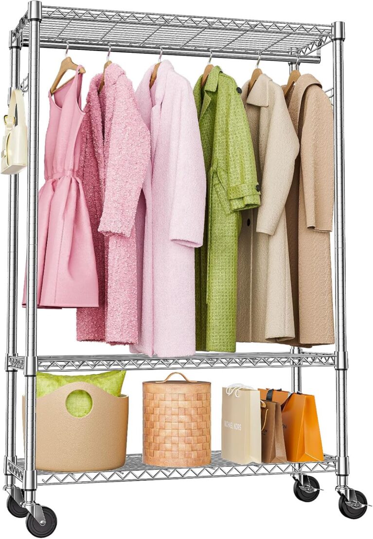 M MZG Heavy Duty Rolling Garment Rack 3 Tiers Adjustable Wire Shelving Clothes Rack with 1 Rods and Side Hooks,Storage Closet Clothing Rack with Wheels Chrome 15.7" D x 45.3" W x 75.6" H