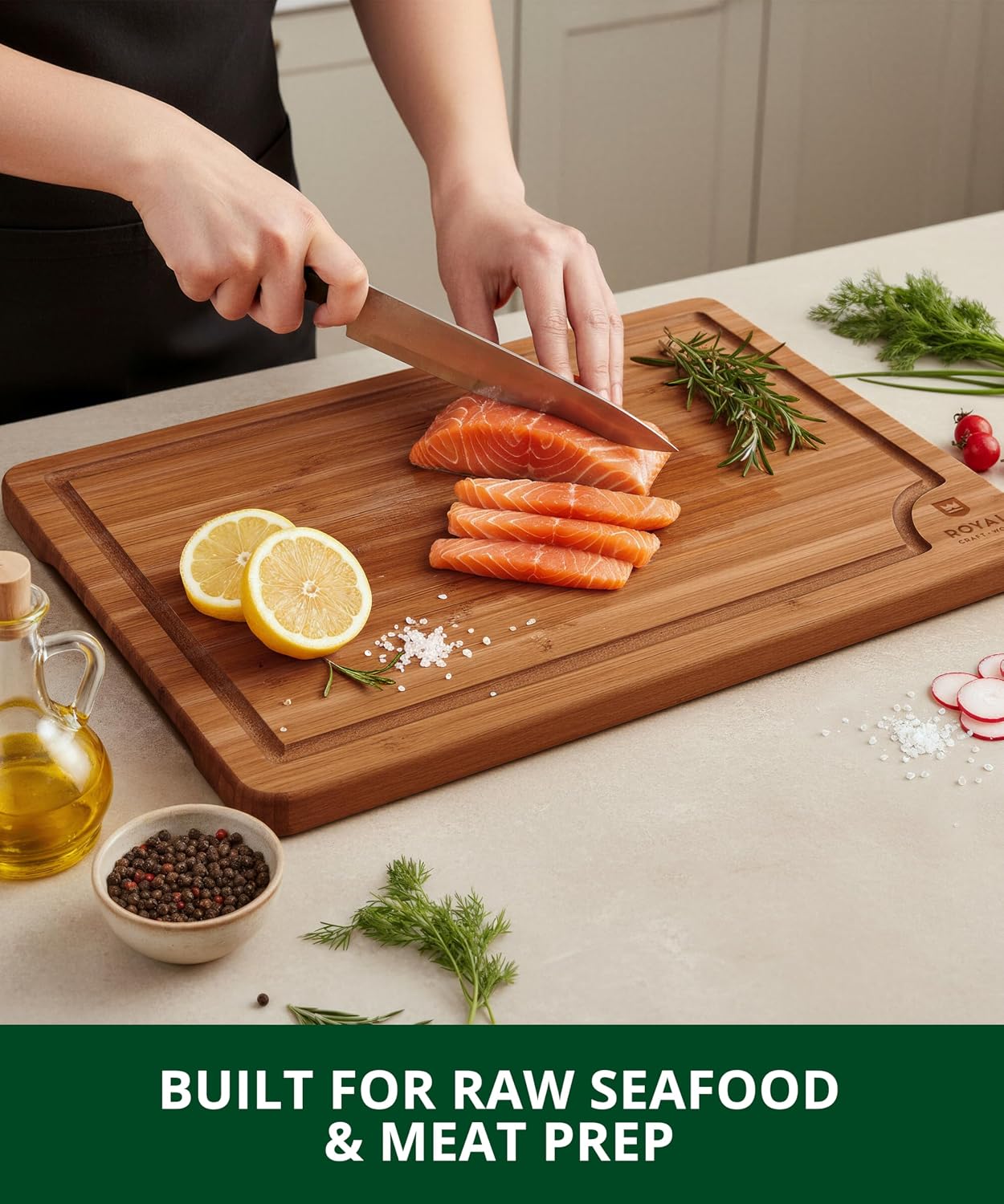 ROYAL CRAFT WOOD Wooden Cutting Boards for Kitchen Appliances - Non Toxic Bamboo Wood Cutting Board Set with Deep Juice Groove, Side Handles, Charcuterie & Butcher Block for Meat, Meal Prep & Serving - Image 8