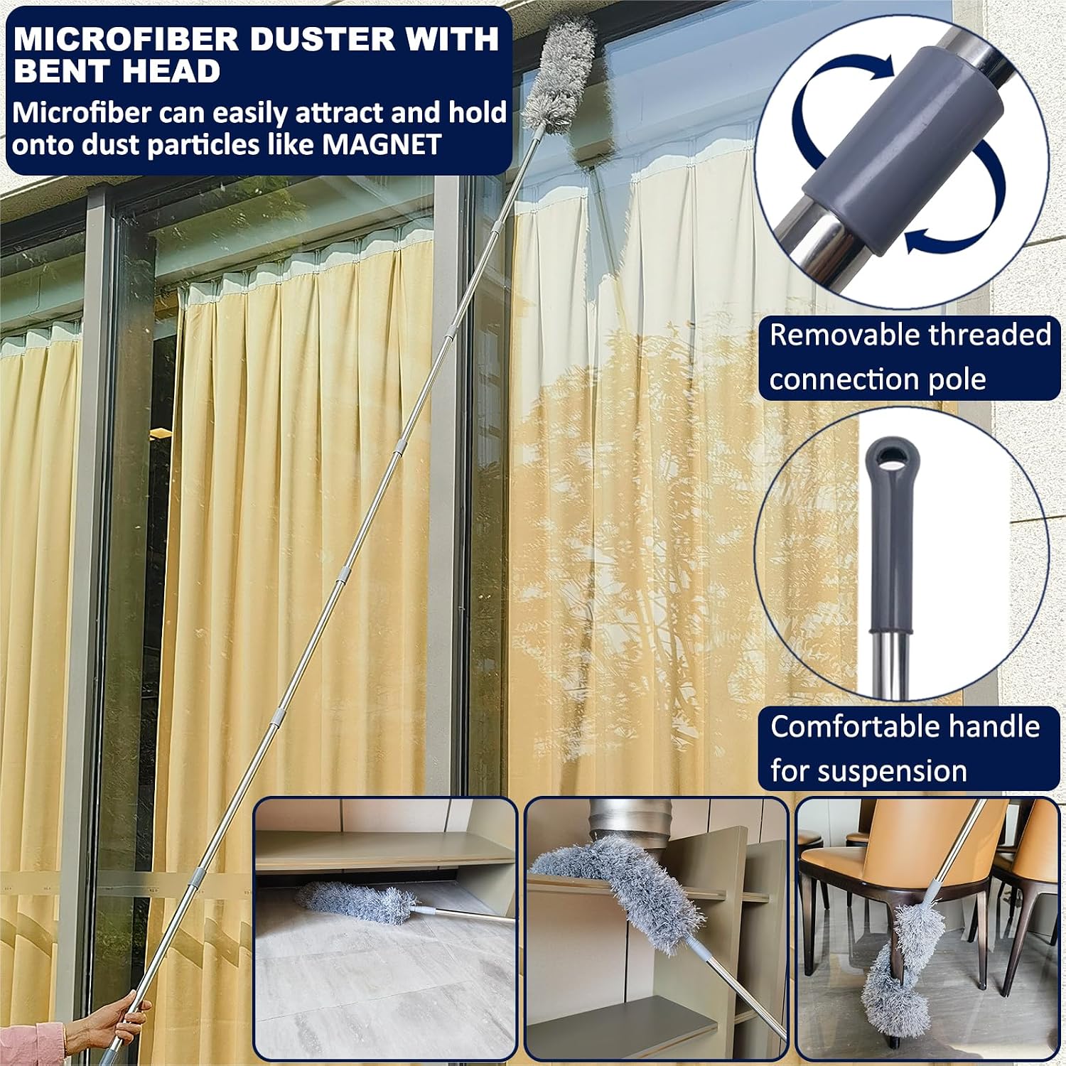 20+ Ft High Reach Ceiling Fan Duster & Cobweb & Corner Brush Duster with 3-14 ft Spliceable Pole Microfiber Feather Duster for Spider Web, High Ceiling, Blinds, Furniture Cleaning Tool Kit - Image 4