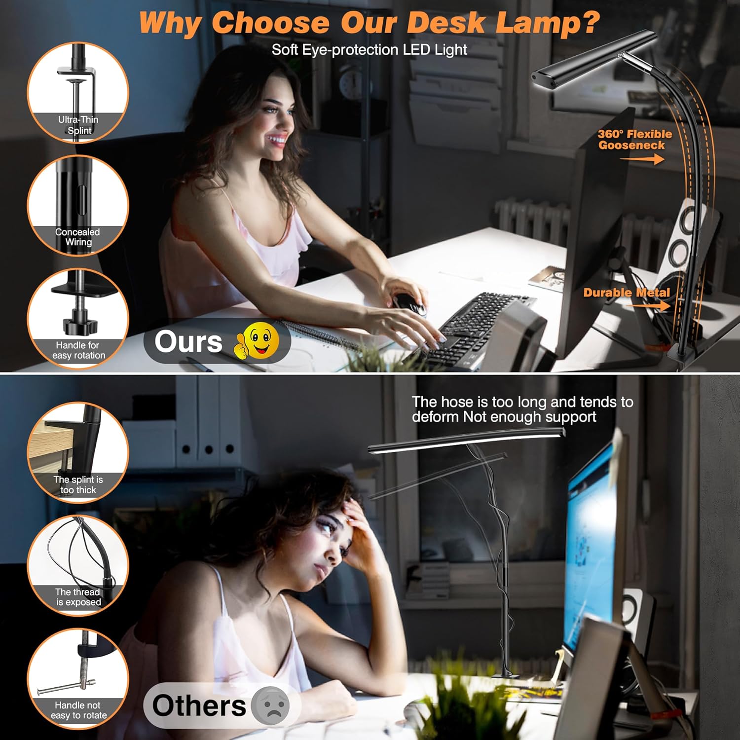 Airlonv LED Desk Lamp for Office Home, Eye-Caring Desk Light with Stepless Dimming Adjustable Flexible Gooseneck, 10W USB Adapter Desk Lamp with Clamp for Reading, Study, Workbench (Black) | 2700K-6500K, 100 LEDs, 360° Gooseneck, Fits Up to 30" Monitors, Flicker-Free Lighting for Home Office, Study& Workbench - Image 4