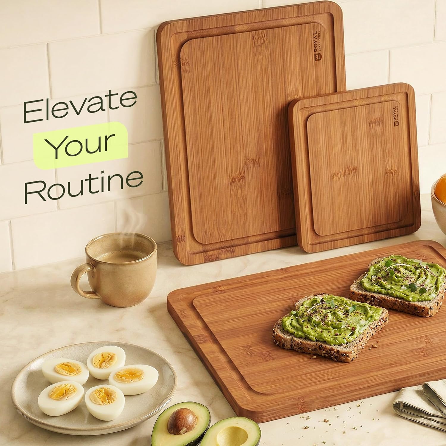 ROYAL CRAFT WOOD Wooden Cutting Boards for Kitchen Meal Prep & Serving - Bamboo Non Toxic Cutting Board Set with Deep Juice Groove Side Handles - Charcuterie & Chopping Butcher Block for Meat (3 Pcs) - Image 8