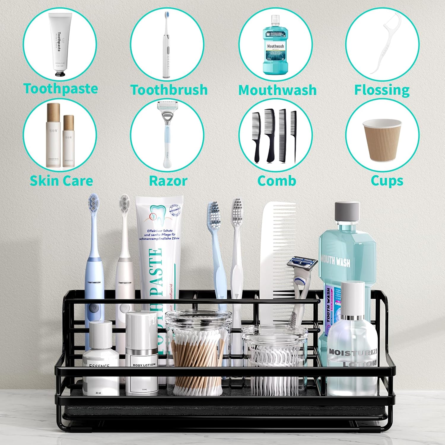 HapiRm Toothbrush Holders for Bathroom - 5 Partitions Bathroom Counter Organizer with Instant Drying Stone, Stainless Steel Countertop Storage Electric Toothbrush Toothpaste Holder - Black - Image 2