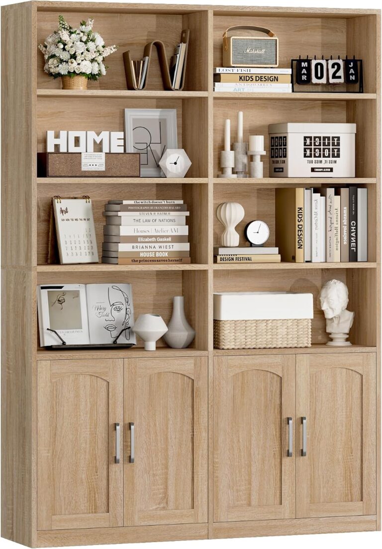 Bookshelf and Bookcase with Doors, Double Wide Large Bookshelves | Industrial Open Display Shelves 6 Tier, 73'' Tall Bookshelf with Storage Cabinets for Office, Home, Living Room,Light Oak
