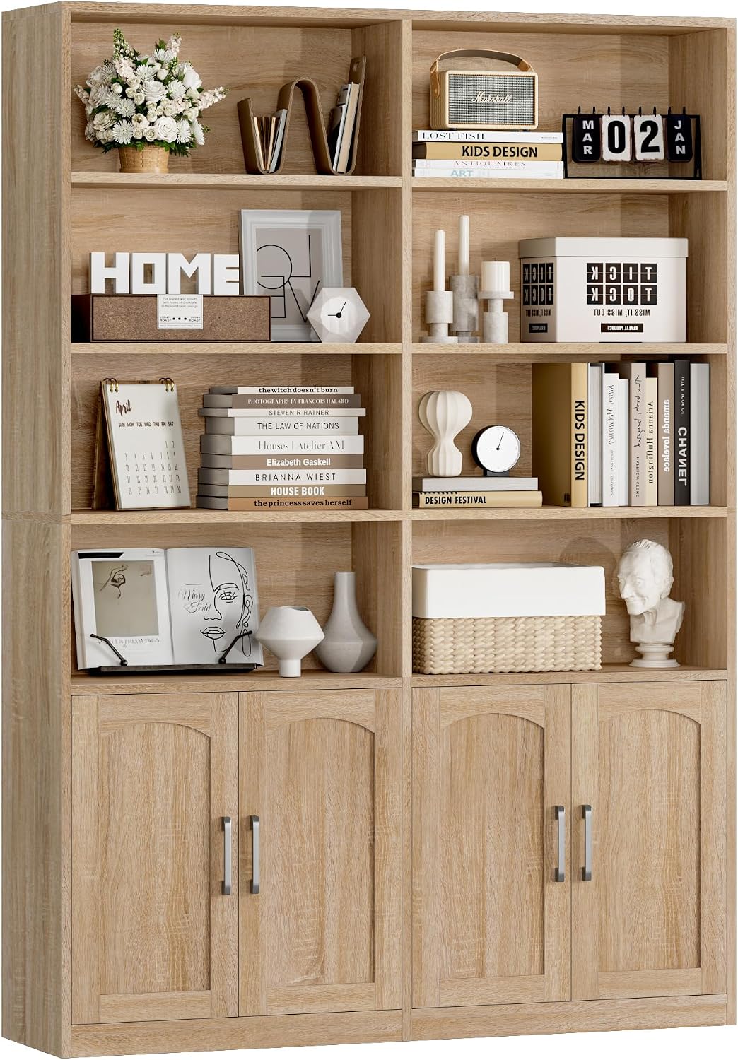Bookshelf and Bookcase with Doors, Double Wide Large Bookshelves | Industrial Open Display Shelves 6 Tier, 73'' Tall Bookshelf with Storage Cabinets for Office, Home, Living Room,Light Oak