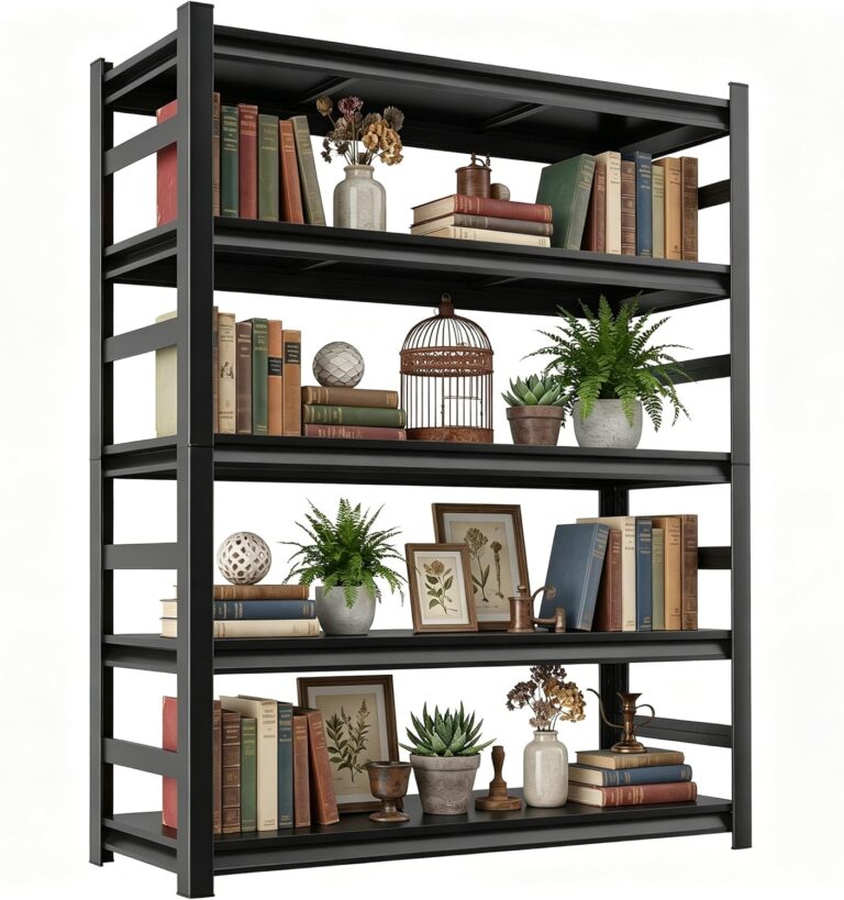 5 Tier Metal Bookshelf with Anti-Drop Fence, 72" H Adjustable Tall Bookcase, Heavy Duty 3000 LBS Modern Deep Book Shelf, Bolt-Free Storage Shelves for Living Room, Home Office, Garage