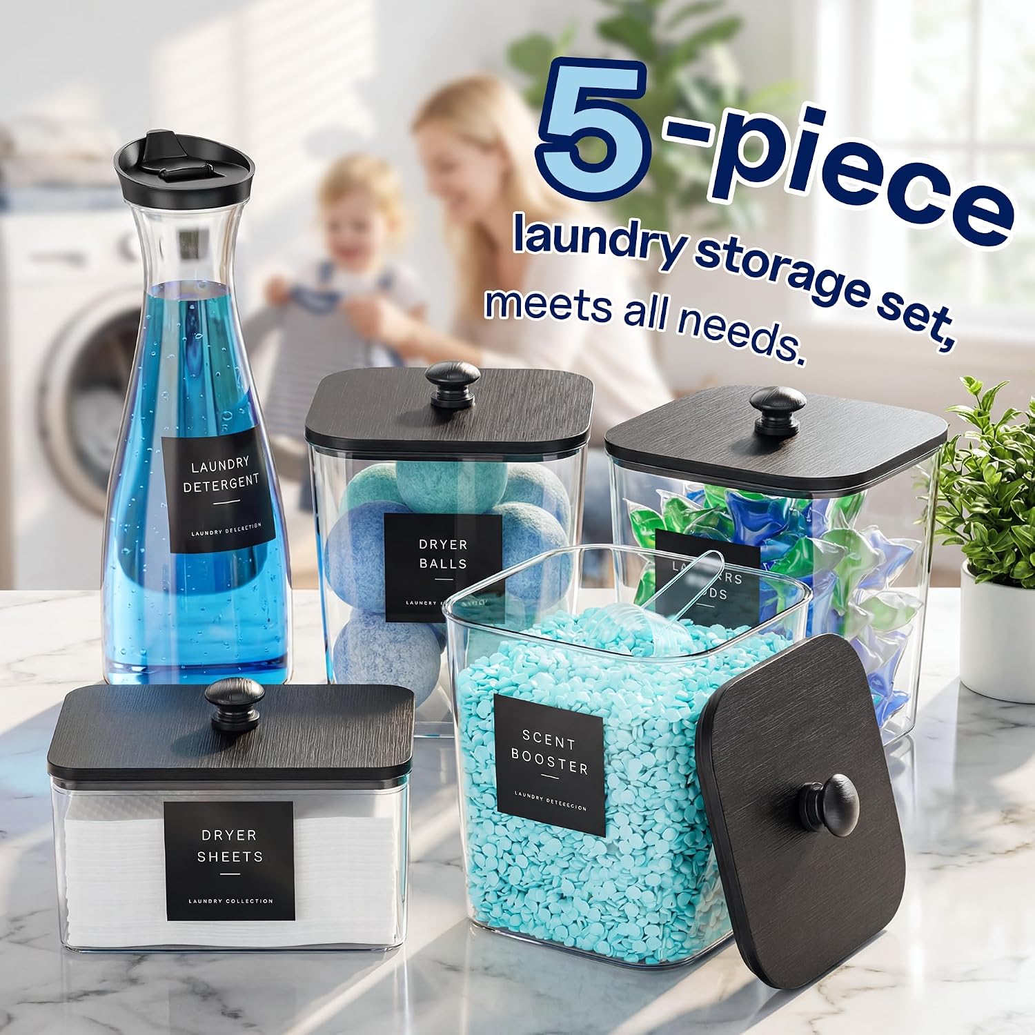3+1+1 Pack Laundry Pods Container & Dryer Sheet Holder with Lid | 54OZ Soap Detergent Dispenser, Black Laundry Room Organization and Storage - Image 5