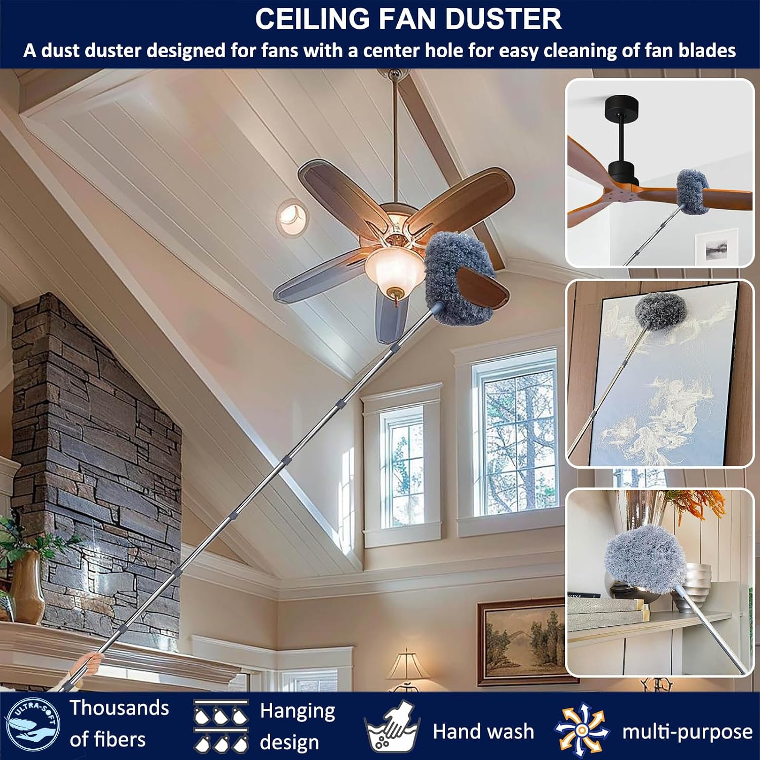 20+ Ft High Reach Ceiling Fan Duster & Cobweb & Corner Brush Duster with 3-14 ft Spliceable Pole Microfiber Feather Duster for Spider Web, High Ceiling, Blinds, Furniture Cleaning Tool Kit - Image 5