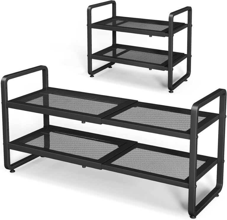 Expandable Metal Shoe Rack for Closet, Entryway & Garage, 2-Tier, Black | Adjustable Height for Boots, Stackable Design, Dense Mesh Shelves for Heels, Fits Small Spaces, Apartments and Rentals