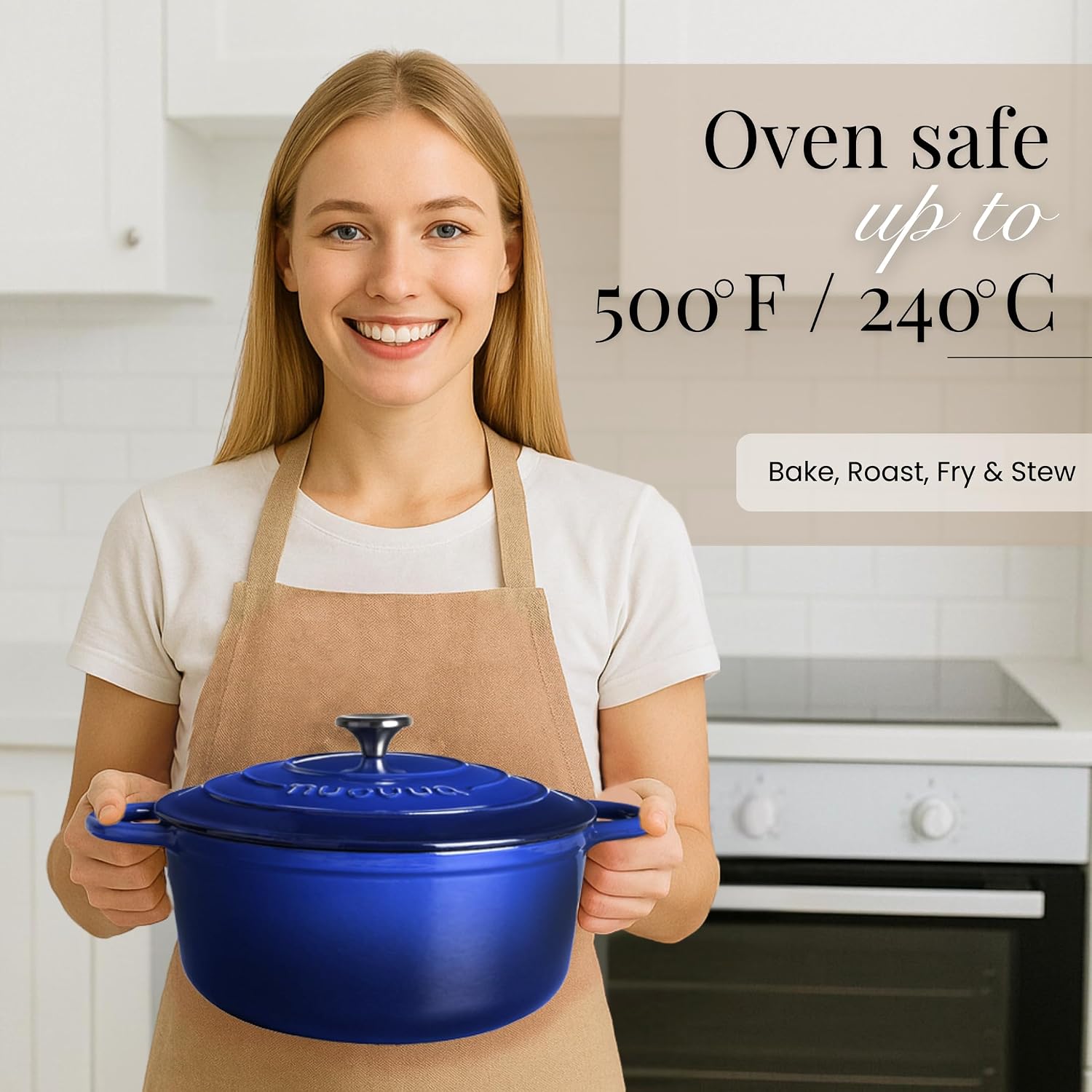 Nuovva Enamelled Cast Iron Dutch Oven Pot with Lid-6.4 Quart Non Stick Casserole Pot-Heavy Duty & Oven Safe up to 500° F for Bread Baking, Braising, Stews, Roasting - 28cm Dark Blue - Image 6