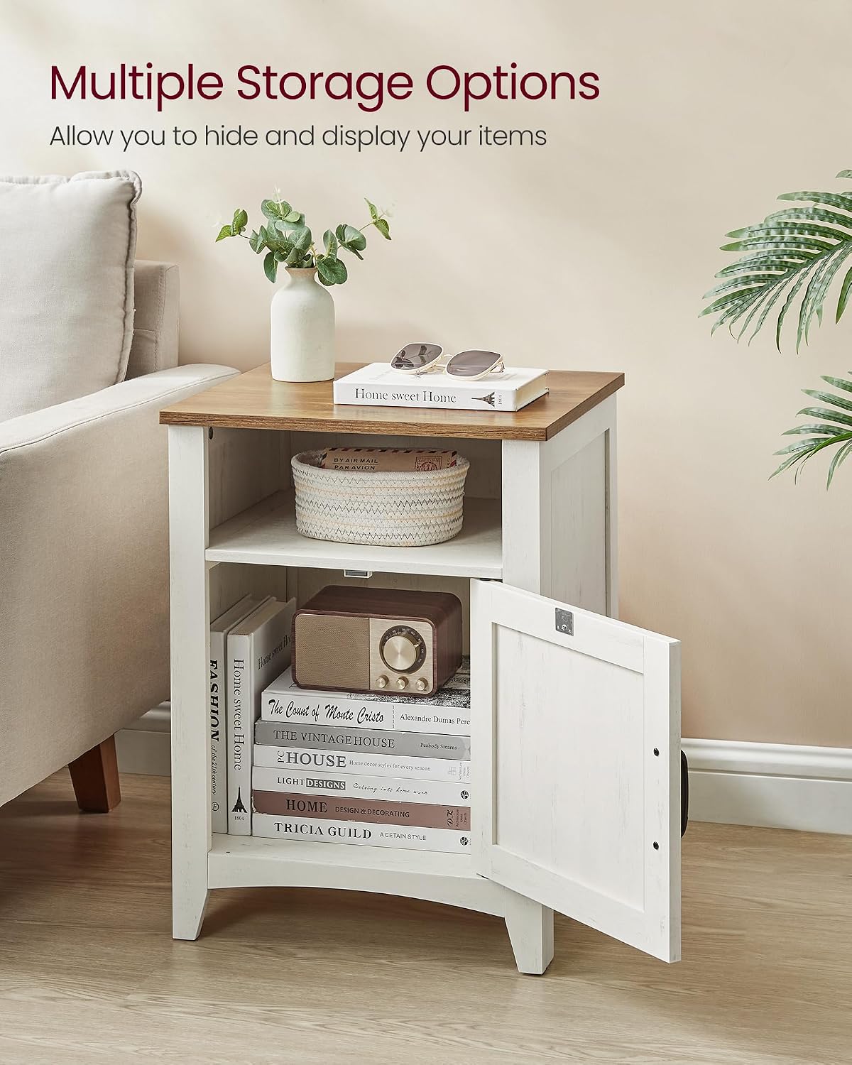 VASAGLE Nightstand Farmhouse Barn Door Bedside Table with Storage | Side End Table, Night Stand, Open Compartment, for Bedroom, Set of 2, Rustic White and Honey Brown, LIRY Collection - Image 5