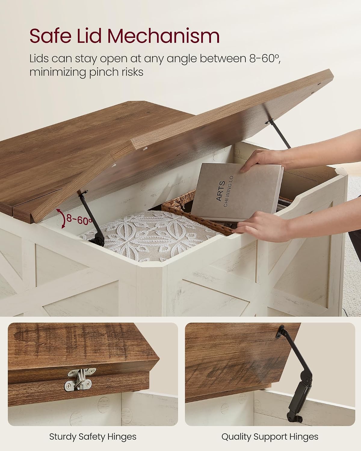 VASAGLE LIRY Collection - Farmhouse Coffee Table with Storage, Square Coffee Table for Living Room, Center Table with Flip-Top Lids, Honey Brown and Rustic White ULCT232W73 - Image 6