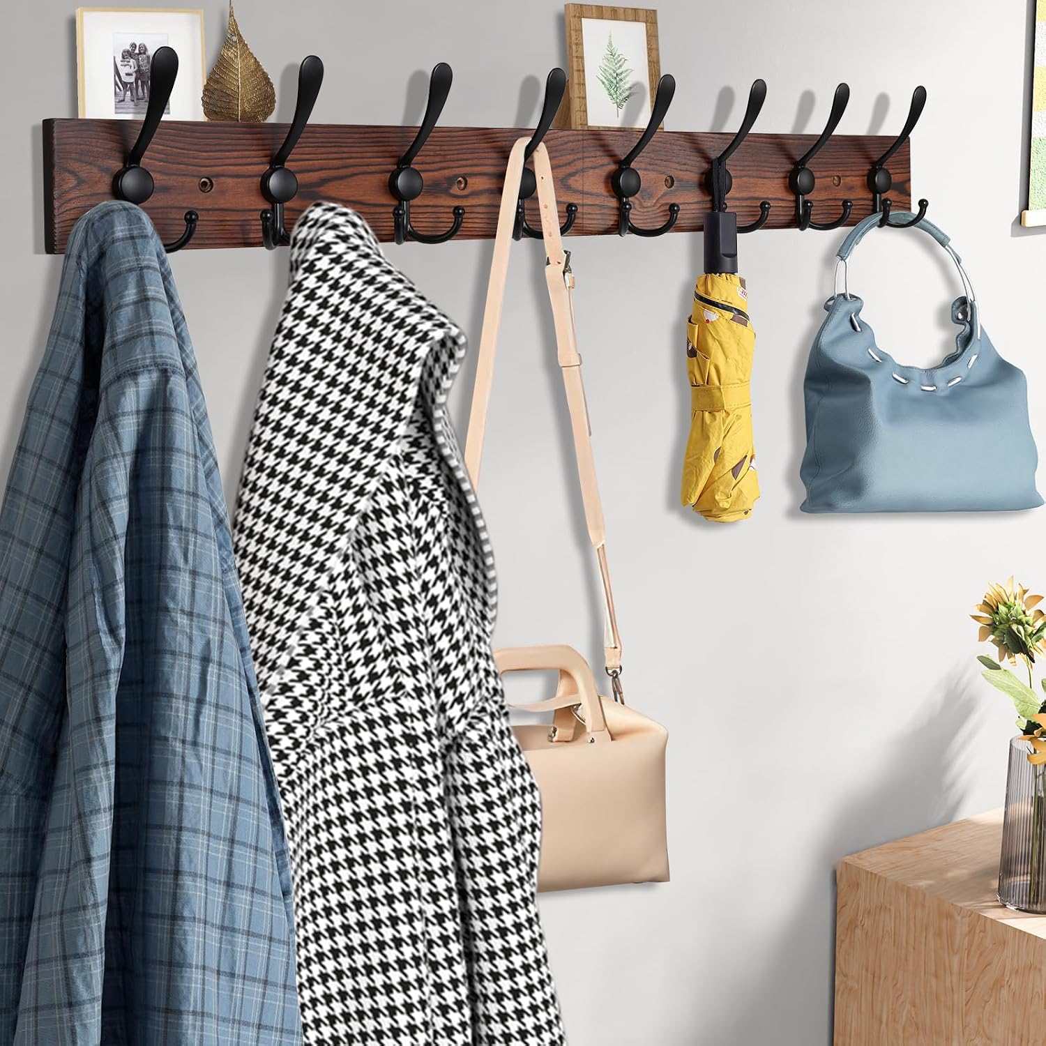 Kuhome 32.2'' Large Coat Rack Wall Mount Coat Hooks Coat Hanger with 8 Metal Black Triple- Hooks Brown Pine Real Wood Plank Hat Rack for Wall Hooks for Hanging Coat Hat Jacket - Image 3
