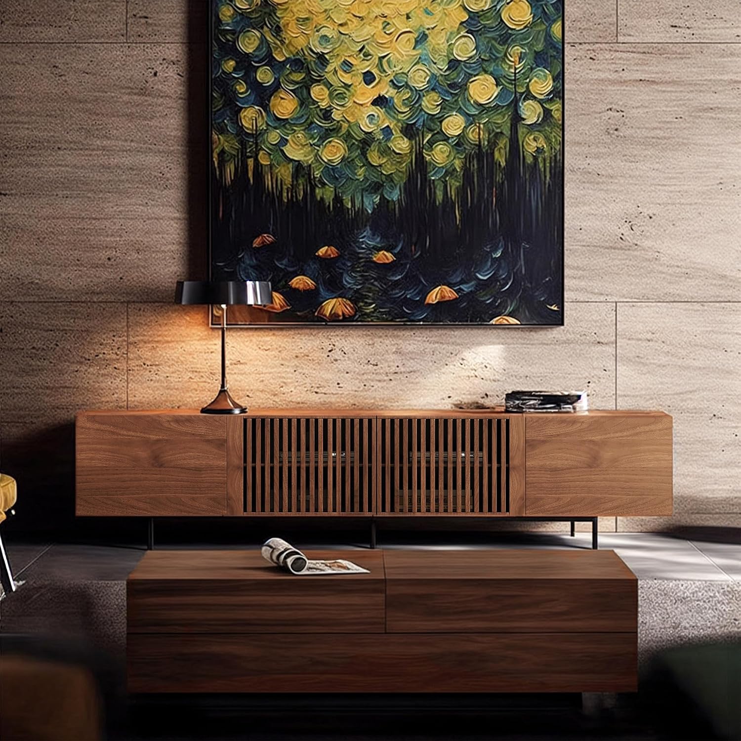 Mid Century Modern TV Stand with 4 Doors, 94.48 Inch Wide Entertainment Center TV Console for Living Room Bedroom, Media Console TV Cabinet with Storage Walnut - Image 3