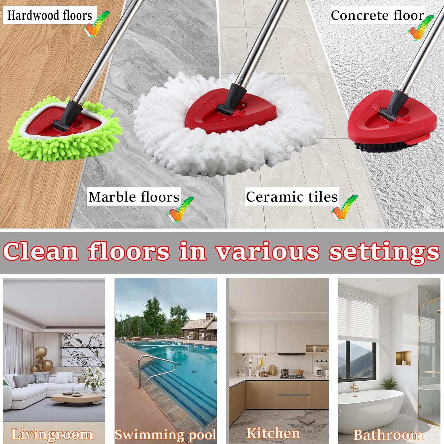 Mop Heads Replacements for Ocedar, Mop Replace Head for o Cedar Easywring 1 Tank, Spin Mop Replacement Head Mop Heads Include 3 Pack Spin Mop Refills, 1 Pack Scrubber Mop Head and 1 Mop Base - Image 7